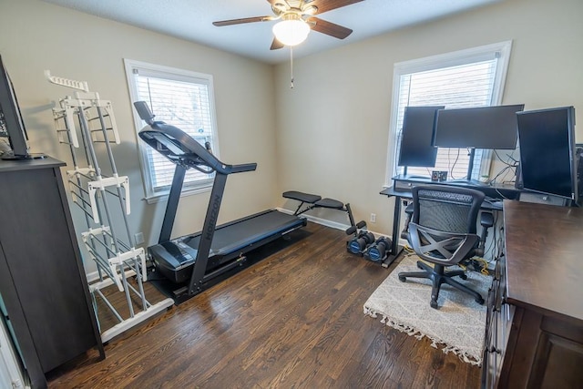 workout area featuring dark wood-type flooring and ceiling fan