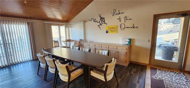 dining room featuring wood ceiling, vaulted ceiling, and dark hardwood / wood-style floors