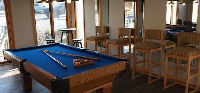 recreation room with dark wood-type flooring and billiards