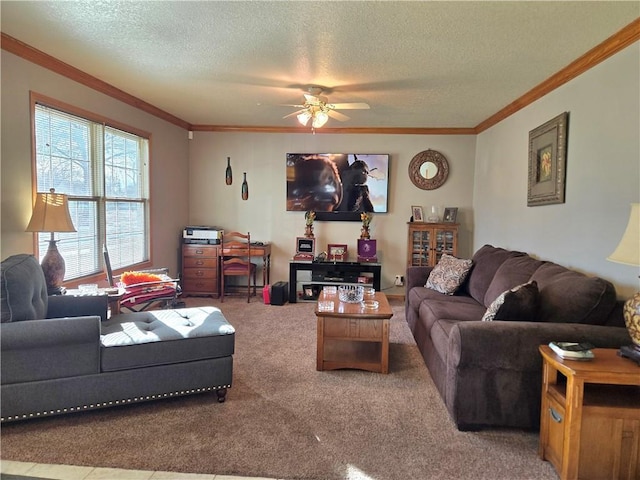 carpeted living room featuring ceiling fan, ornamental molding, and a textured ceiling