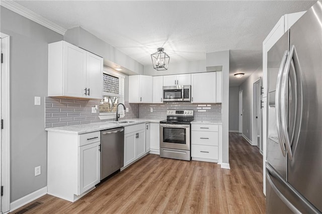 kitchen featuring light wood finished floors, white cabinets, a sink, stainless steel appliances, and backsplash