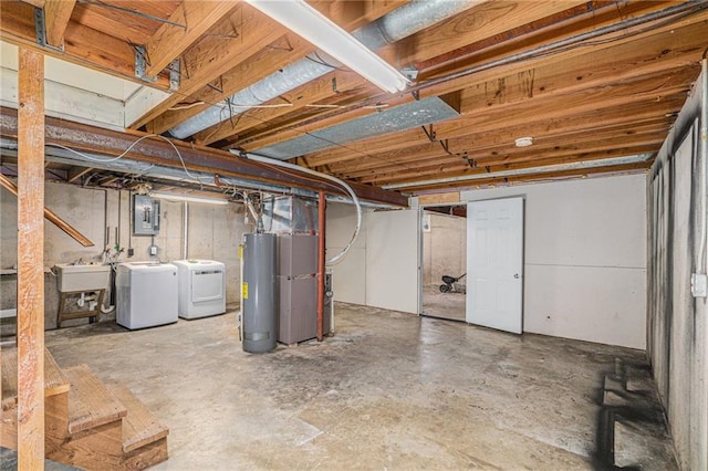 unfinished below grade area with separate washer and dryer, a sink, water heater, electric panel, and heating unit