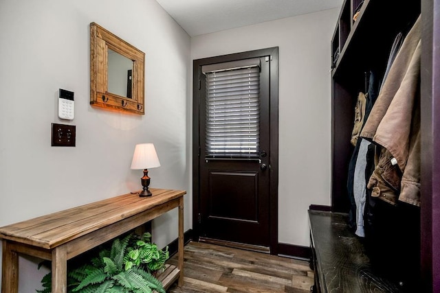 doorway with dark wood-type flooring