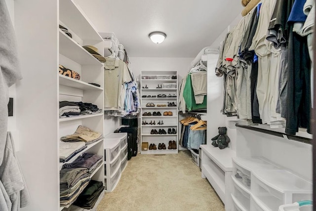 walk in closet with light colored carpet