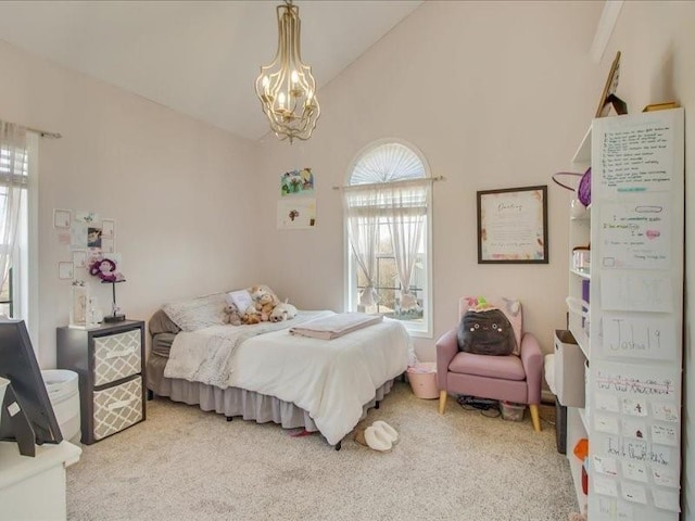 carpeted bedroom with lofted ceiling, multiple windows, and a chandelier