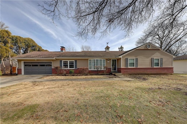 ranch-style home with a garage and a front lawn