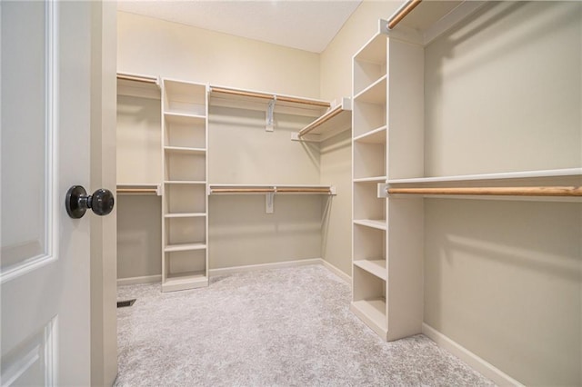 walk in closet featuring light carpet