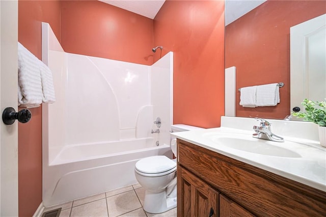 full bathroom with visible vents, toilet,  shower combination, tile patterned flooring, and vanity