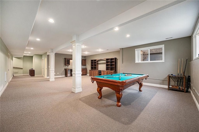 game room with carpet, decorative columns, baseboards, and recessed lighting