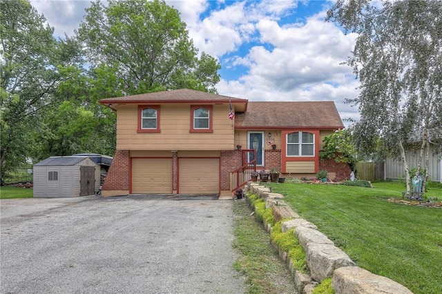 21465 W 180th St, Olathe, KS 66062 - split level home featuring brick siding, a storage shed, an attached garage, and driveway