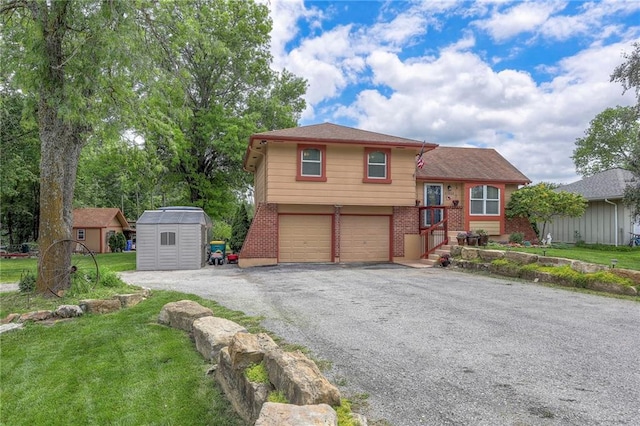 21465 W 180th St, Olathe, KS 66062 - tri-level home featuring a storage unit, brick siding, an attached garage, driveway, and a front yard