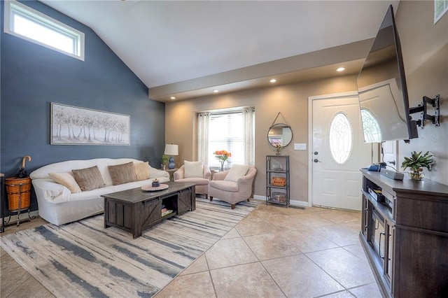 21465 W 180th St, Olathe, KS 66062 - living area with high vaulted ceiling, light tile patterned flooring, and recessed lighting