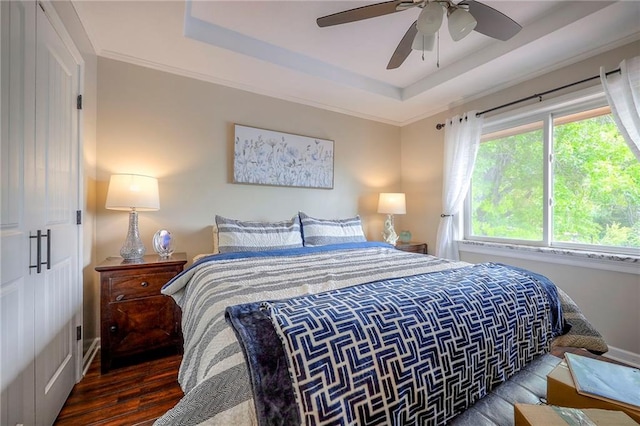 21465 W 180th St, Olathe, KS 66062 - bedroom with wood finished floors, a raised ceiling, and ceiling fan