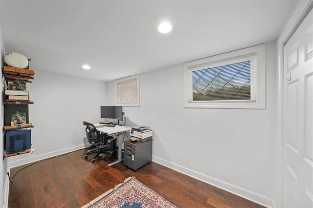 office area with dark hardwood / wood-style floors