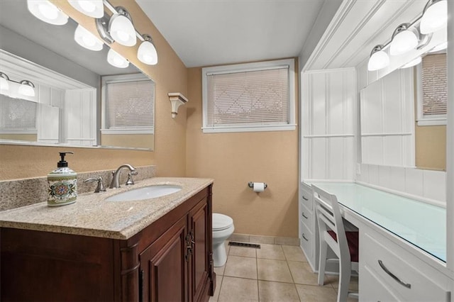 bathroom featuring vanity, tile patterned floors, and toilet