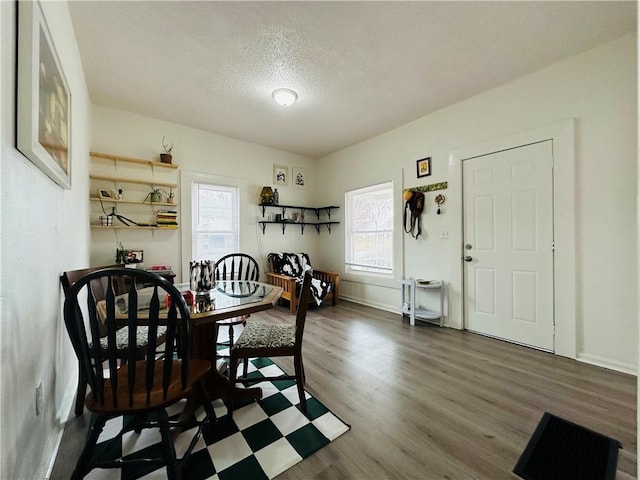 dining space with wood finished floors, baseboards, a textured ceiling, and a wealth of natural light