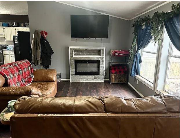 living room with dark hardwood / wood-style flooring and crown molding