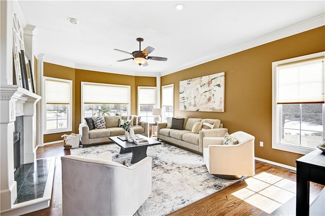 living room featuring a fireplace with raised hearth, a healthy amount of sunlight, wood finished floors, and ornamental molding