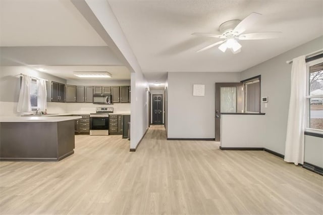 kitchen with ceiling fan, stainless steel electric stove, kitchen peninsula, and light wood-type flooring