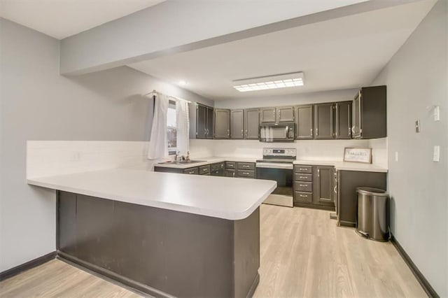 kitchen with sink, light hardwood / wood-style flooring, stainless steel range with electric cooktop, and kitchen peninsula