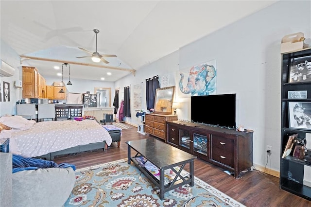 bedroom featuring lofted ceiling, dark wood finished floors, freestanding refrigerator, and baseboards