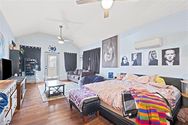 bedroom featuring vaulted ceiling, ceiling fan, dark wood-style flooring, and a wall mounted air conditioner