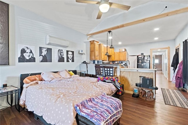 bedroom with recessed lighting, a wall mounted air conditioner, vaulted ceiling, and wood finished floors