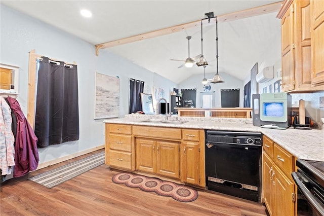 kitchen featuring lofted ceiling with beams, light wood-style flooring, a sink, dishwasher, and decorative light fixtures