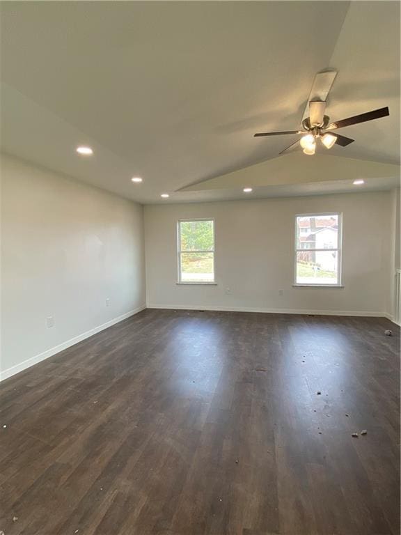 123 NW 171st Rd, Warrensburg, MO 64093 - empty room featuring dark wood-style floors, ceiling fan, baseboards, recessed lighting, and lofted ceiling