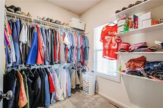 walk in closet with carpet flooring