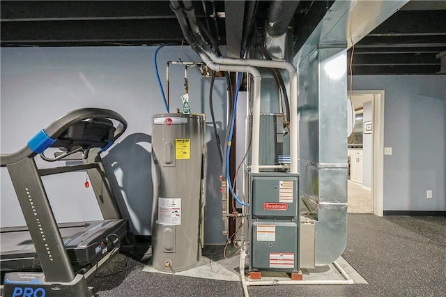 utility room featuring heating unit and water heater