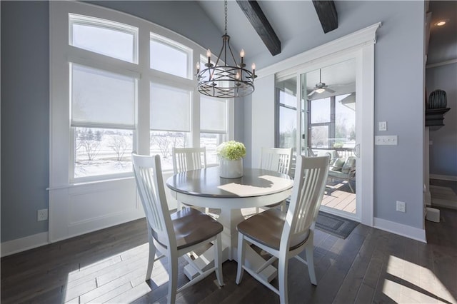 dining room with a healthy amount of sunlight, dark wood-style flooring, and beamed ceiling