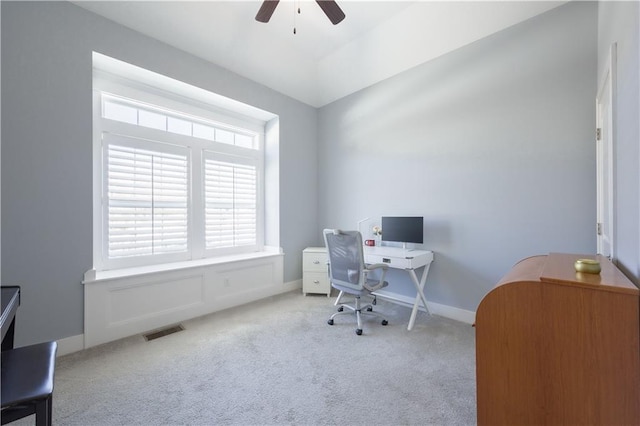 home office with ceiling fan, carpet, visible vents, and baseboards