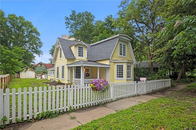 view of front of property featuring a front yard and a storage unit