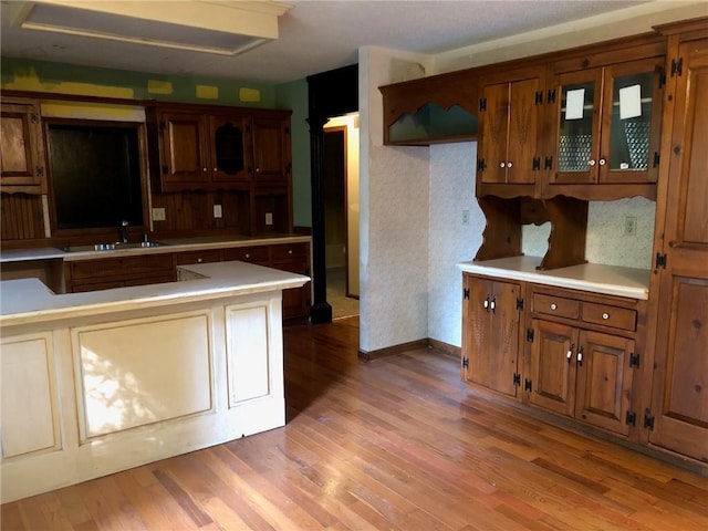 kitchen with sink and light hardwood / wood-style flooring