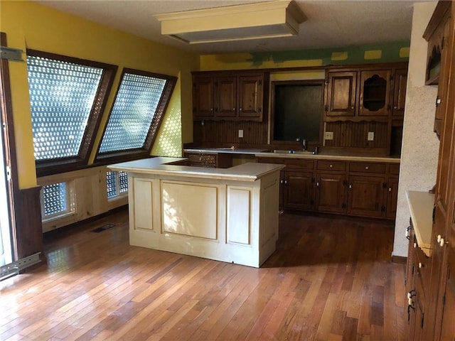 kitchen featuring dark wood-type flooring, sink, and a kitchen island