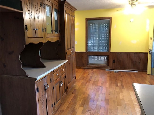 interior space with light hardwood / wood-style flooring and wood walls