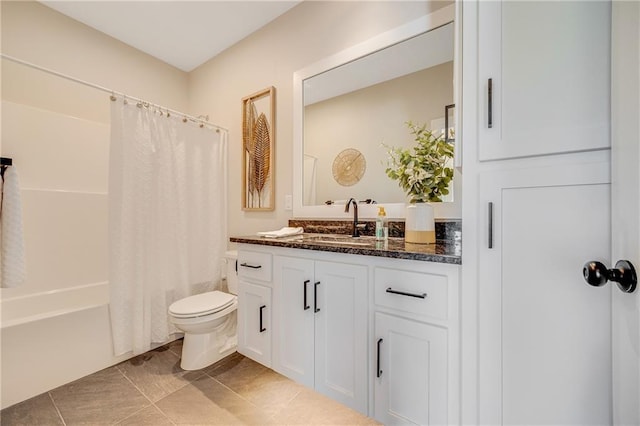full bathroom with shower / bath combo, tile patterned flooring, toilet, and vanity