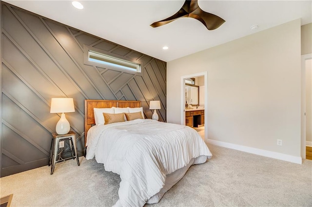 bedroom featuring recessed lighting, carpet flooring, baseboards, and ceiling fan