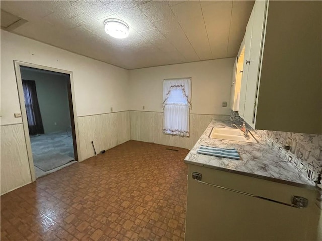 interior space with wooden walls and sink