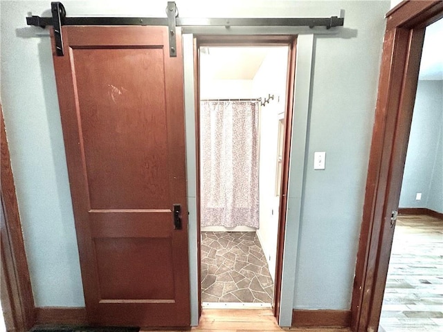 hallway with a barn door and light hardwood / wood-style flooring