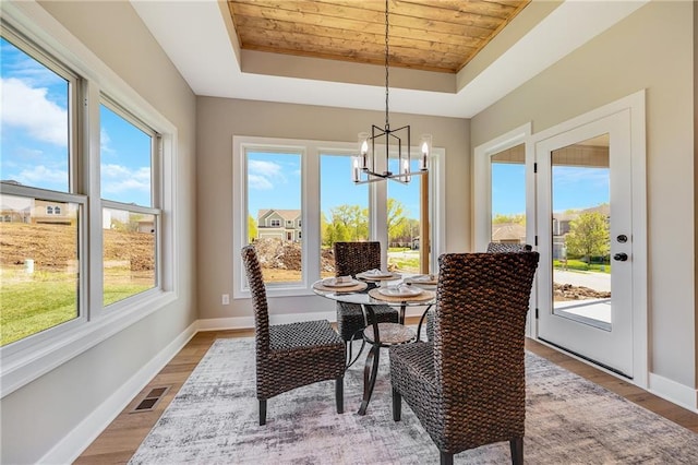 dining area with an inviting chandelier, a tray ceiling, wooden ceiling, baseboards, and visible vents