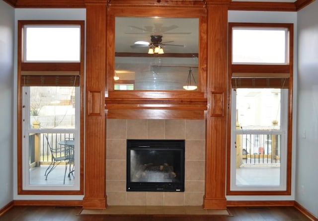 doorway to outside featuring ceiling fan, hardwood / wood-style floors, and a fireplace