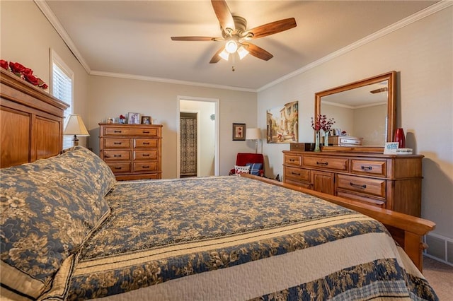 bedroom featuring crown molding, ceiling fan, and carpet flooring