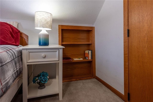 carpeted bedroom with a textured ceiling