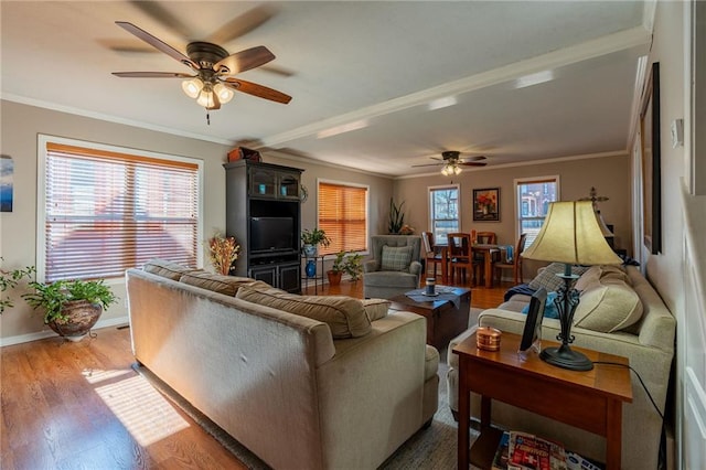 living room featuring hardwood / wood-style floors, ornamental molding, and ceiling fan