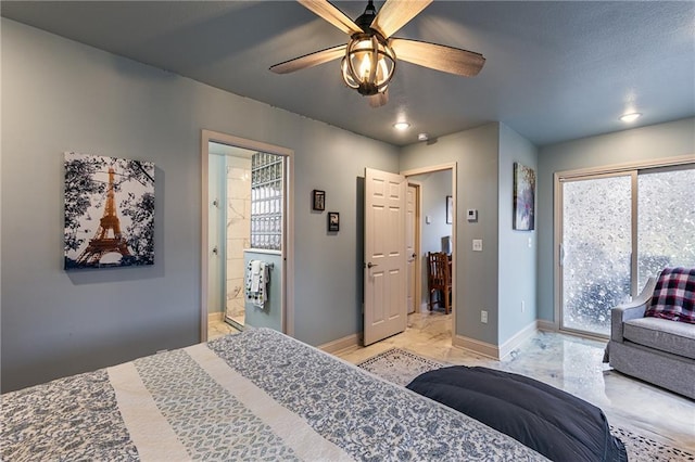 bedroom featuring access to exterior and ceiling fan