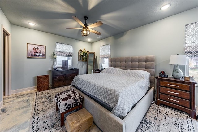 bedroom with recessed lighting, a ceiling fan, and baseboards