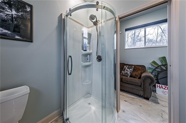 bathroom with toilet and a stall shower