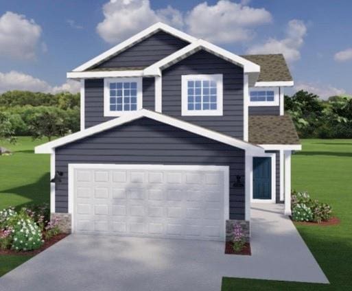 craftsman-style home featuring a garage and a front lawn